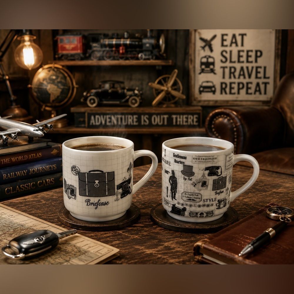 Set of 2 *Modern Gentleman* Dapper Debonair Travel Briefcase Tophat Coffee Mugs